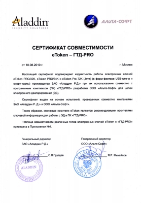 Сертификат совместимости eToken - ГТД-PRO